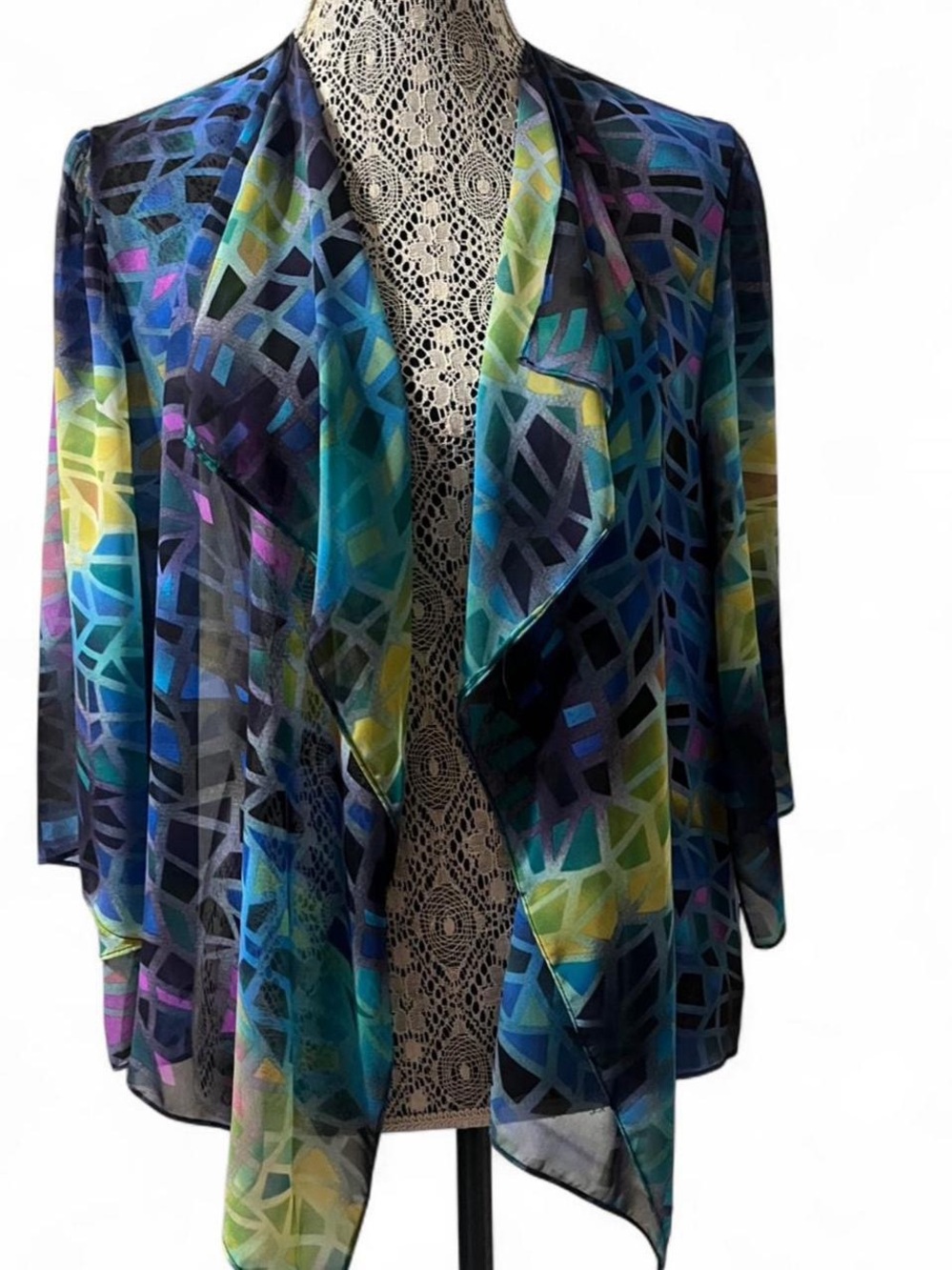 Draped Geometric Print Open-Front Blouse Jacket - Blue Multi